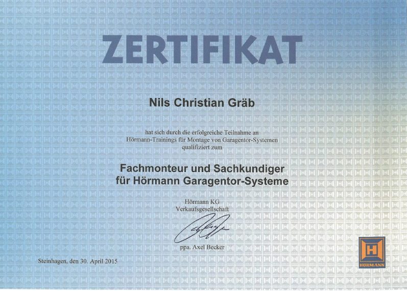 Zertifikat für Nils Christian Gräb Tortechnik Lahn-Dill in der Fachrichtung Montage von Toren und deren Komponenten.  